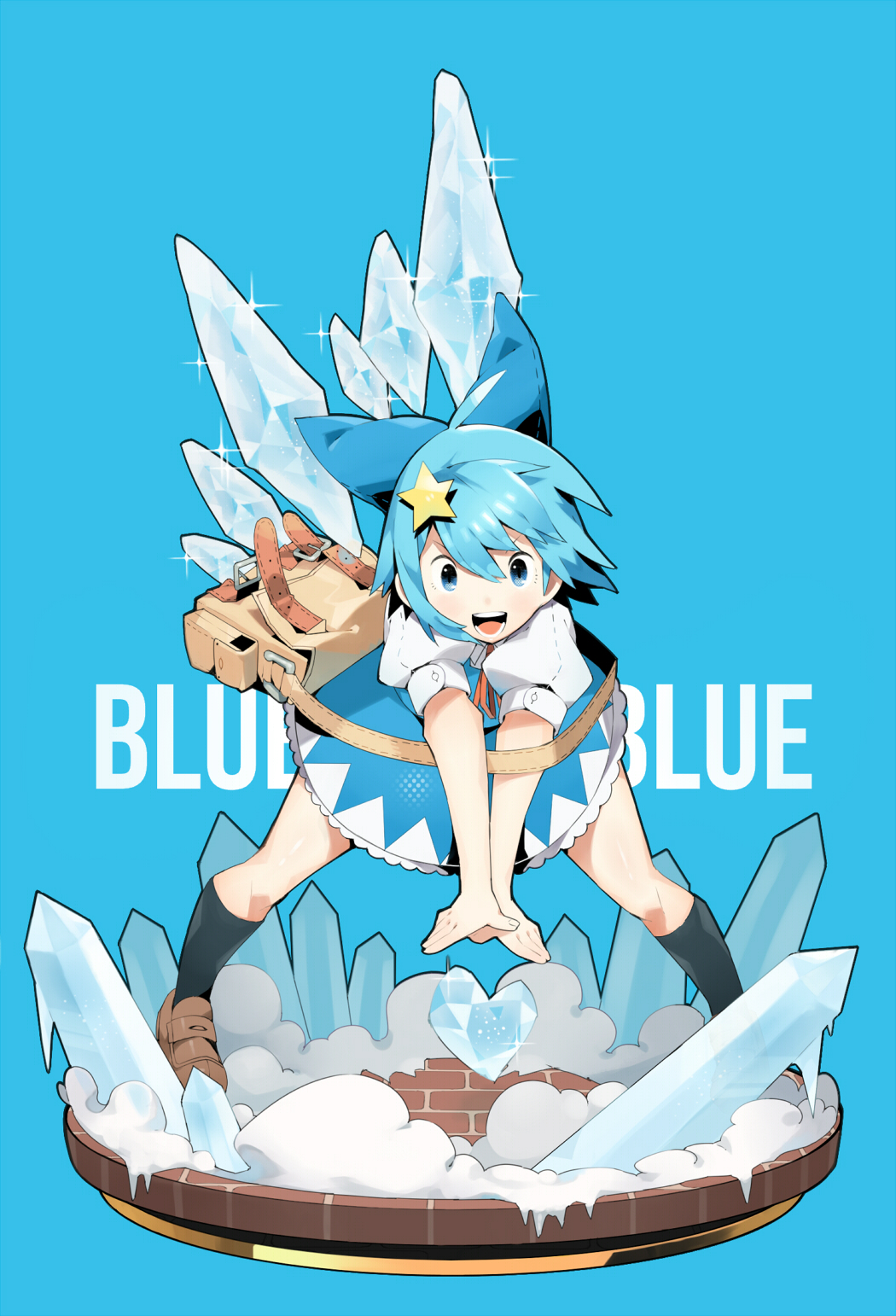 bag blue_dress blue_eyes blue_hair bow cirno dress faux_figurine hair_bow hair_ornament heart highres ice ice_crystal ice_wings open_mouth puffy_short_sleeves puffy_sleeves shirt short_sleeves shoulder_bag smile sofa_(enogunomu) solo star star_hair_ornament touhou v_arms wings