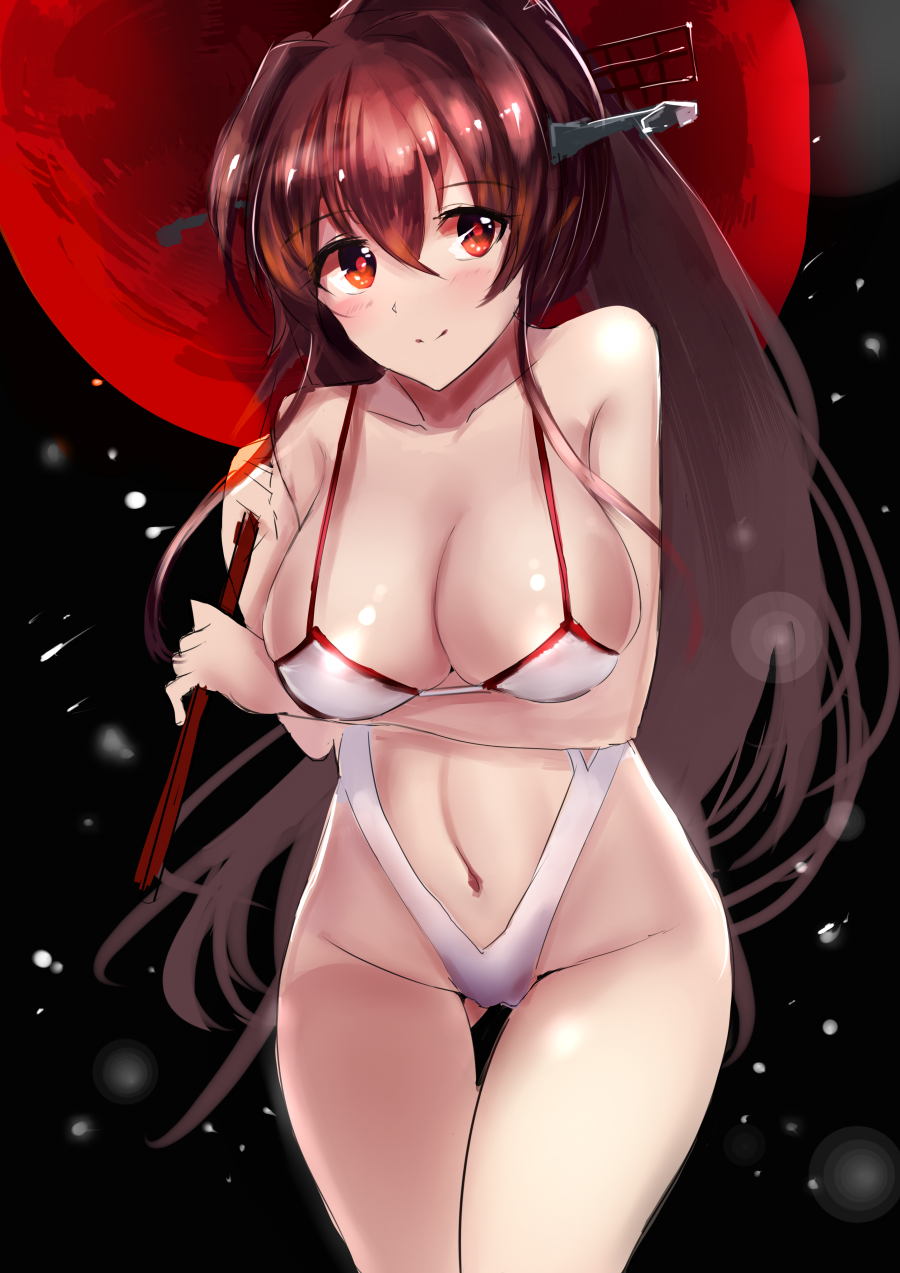 antennae blush breasts brown_eyes brown_hair cleavage hair_ornament highres kantai_collection large_breasts long_hair midriff navel parasol red_umbrella rinaka_moruchi smile solo swimsuit umbrella white_swimsuit yamato_(kantai_collection)