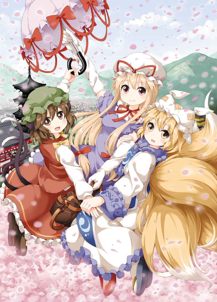 animal_ears bag blonde_hair blue_sky brown_eyes brown_hair cat_ears cat_tail chen cloud day dress elbow_gloves fang fox_tail gloves hat hat_ribbon holding_hands long_sleeves looking_at_viewer mob_cap mountain multiple_girls multiple_tails open_mouth parasol petals pillow_hat pink_eyes puffy_short_sleeves puffy_sleeves purple_dress ribbon ruu_(tksymkw) shirt short_sleeves skirt skirt_set sky smile tabard tail touhou tower town umbrella vest white_dress white_gloves wide_sleeves yakumo_ran yakumo_yukari yellow_eyes