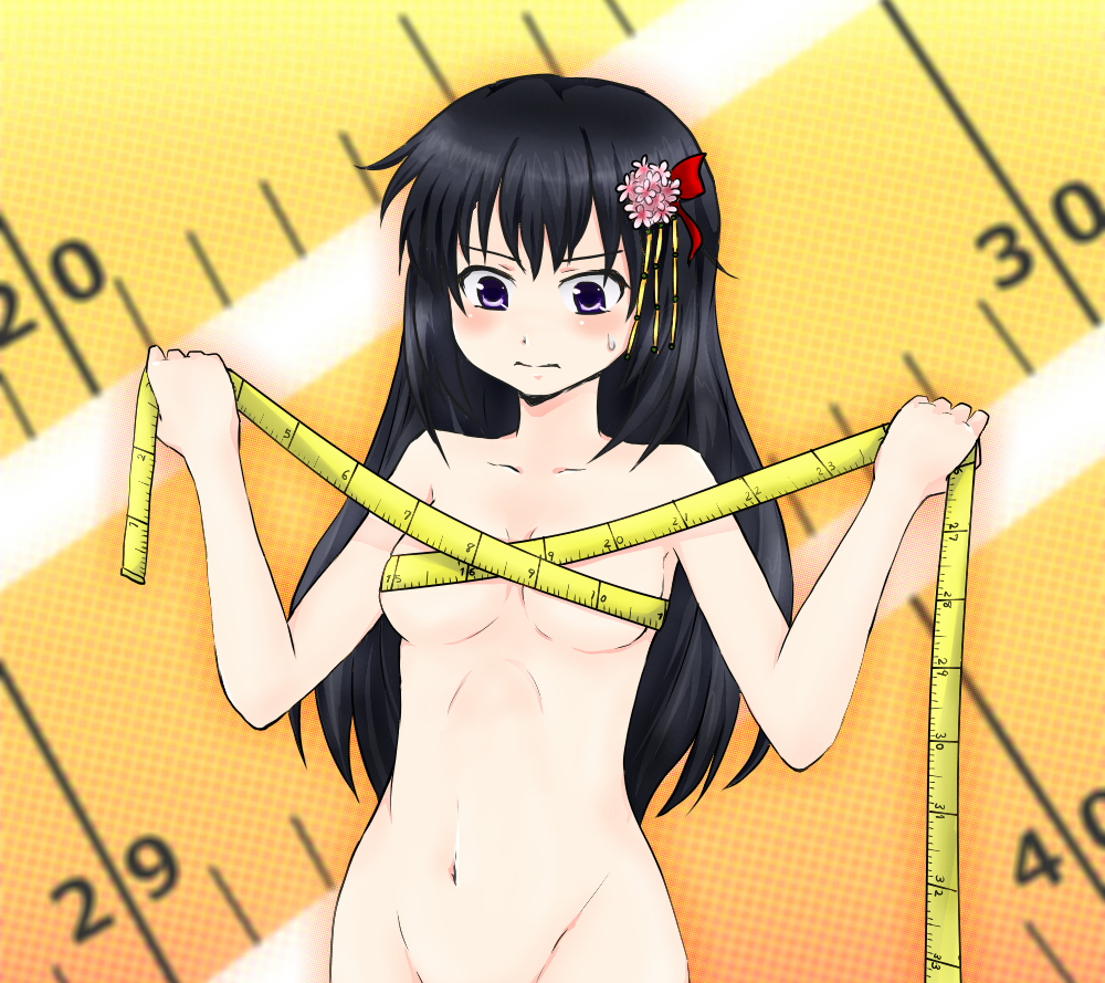 black_hair blush breasts bust_measuring convenient_censoring flower groin hair_flower hair_ornament long_hair looking_down measuring measuring_tape_(ole_tower) medium_breasts nude ole_tower out-of-frame_censoring solo sweatdrop tape_measure
