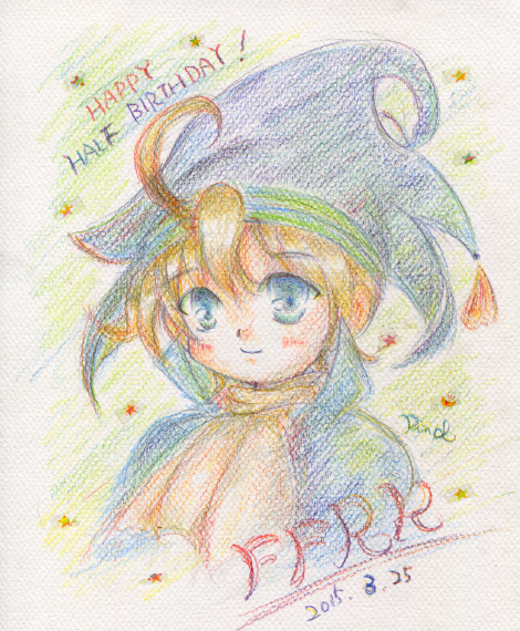 2015 ahoge artist_name artist_request bad_id bad_pixiv_id blue_eyes blush commentary_request copyright_name dated deci deci_(ffrk) english final_fantasy final_fantasy_record_keeper happy_birthday hat jester_cap looking_at_viewer male_focus smile solo tyro upper_body