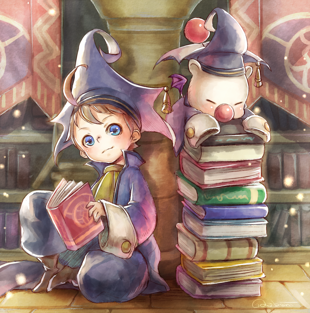 ahoge antennae ao+beni bat_wings blue_eyes book brown_hair coat commentary_request deci deci_(ffrk) dr._mog final_fantasy final_fantasy_record_keeper hat looking_at_viewer male_focus moogle multiple_boys scholar_(final_fantasy) sitting sleeves_past_wrists tyro wings