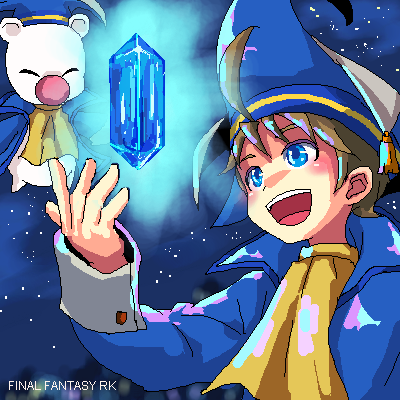 ahoge blue_eyes brown_hair coat commentary_request copyright_name crystal deci deci_(ffrk) dr._mog final_fantasy final_fantasy_record_keeper hat lowres male_focus moogle multiple_boys open_mouth ren_(rojiko) scholar_(final_fantasy) tyro