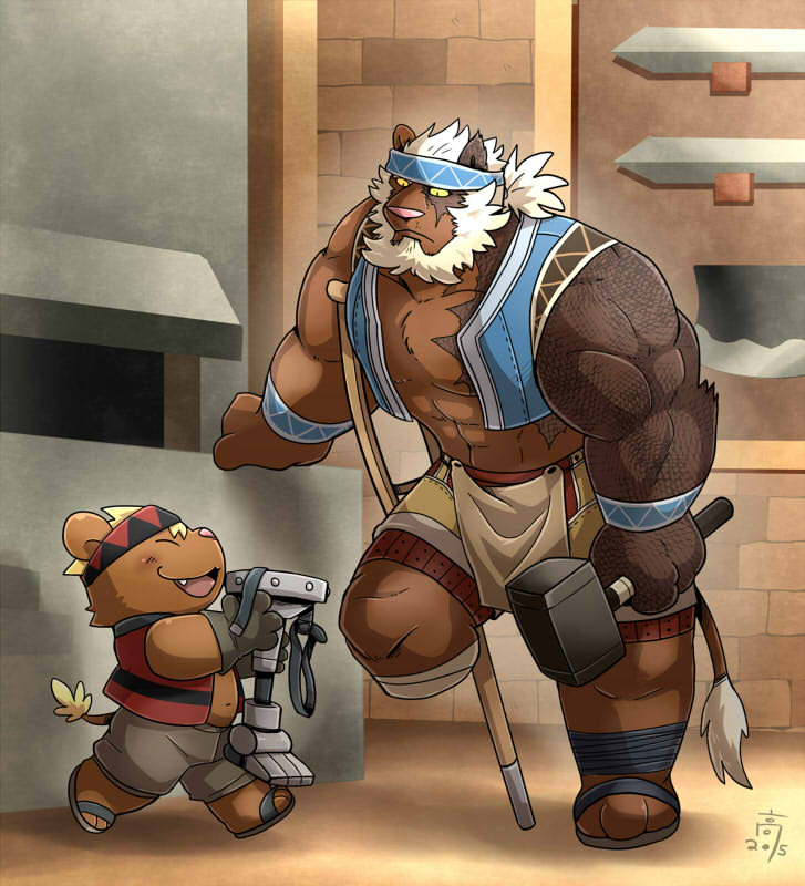 aboriginal age_difference amputee blacksmith blush duo father feline hammer headband lion mammal parent prosthetic sandals size_difference son takataka tools weapon weaponsmith