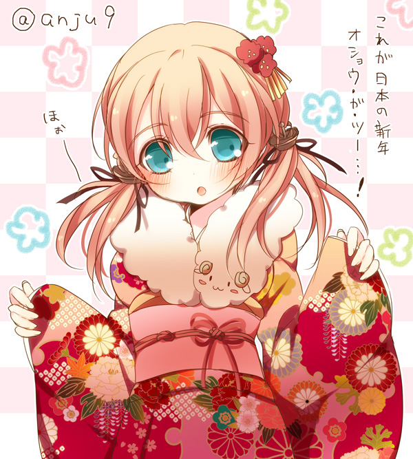 alternate_costume anchor_hair_ornament anju_(mocomocousagi) aqua_eyes brown_hair hair_ornament japanese_clothes kantai_collection kimono long_hair looking_at_viewer prinz_eugen_(kantai_collection) solo translation_request twintails twitter_username