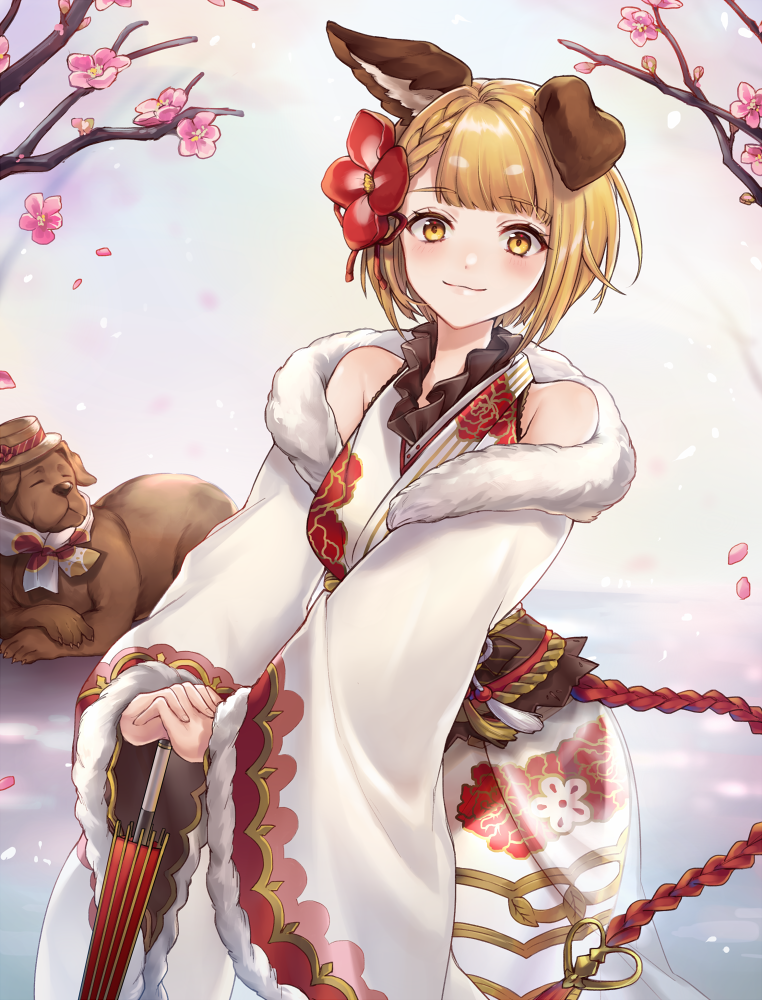 1girl animal animal_ears bangs bare_shoulders blonde_hair blush braid breasts brown_eyes brown_hat closed_mouth closed_umbrella commentary_request dog dog_ears eyebrows_visible_through_hair floral_print flower fur-trimmed_kimono fur-trimmed_sleeves fur_trim garjana granblue_fantasy hair_flower hair_ornament hair_ribbon hat interlocked_fingers japanese_clothes kimono long_sleeves looking_at_viewer obi off_shoulder own_hands_together pink_flower print_kimono red_flower red_ribbon red_umbrella ribbon sash shiao small_breasts smile tree_branch umbrella vajra_(granblue_fantasy) white_kimono wide_sleeves