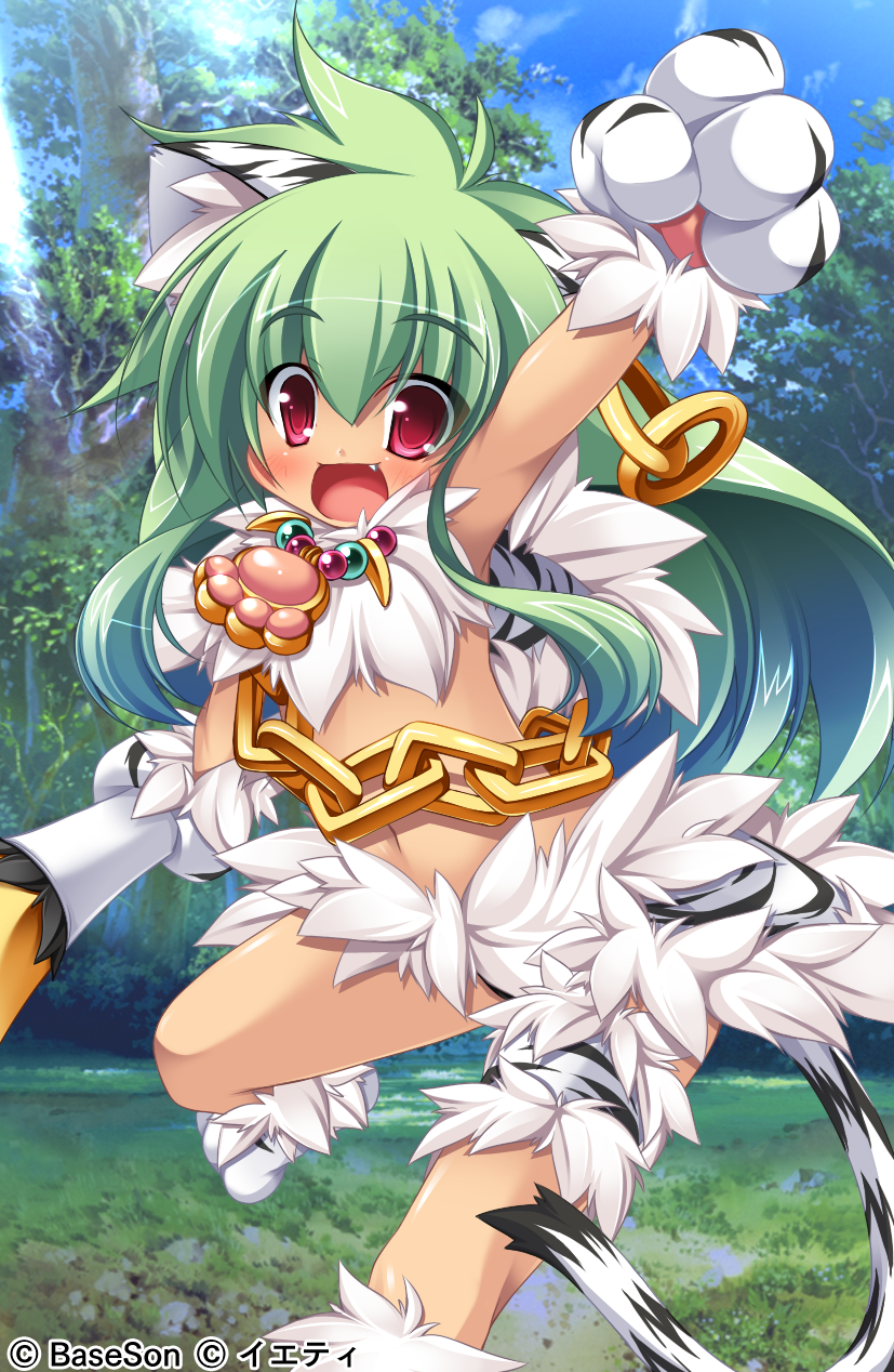 animal_ears arm_up armpits blush cat_ears chain earrings fang forest gloves green_hair highres jewelry koihime_musou kuwada_yuuki long_hair midriff moukaku nature navel paw_gloves paw_shoes paws polearm red_eyes shoes smile solo tail weapon