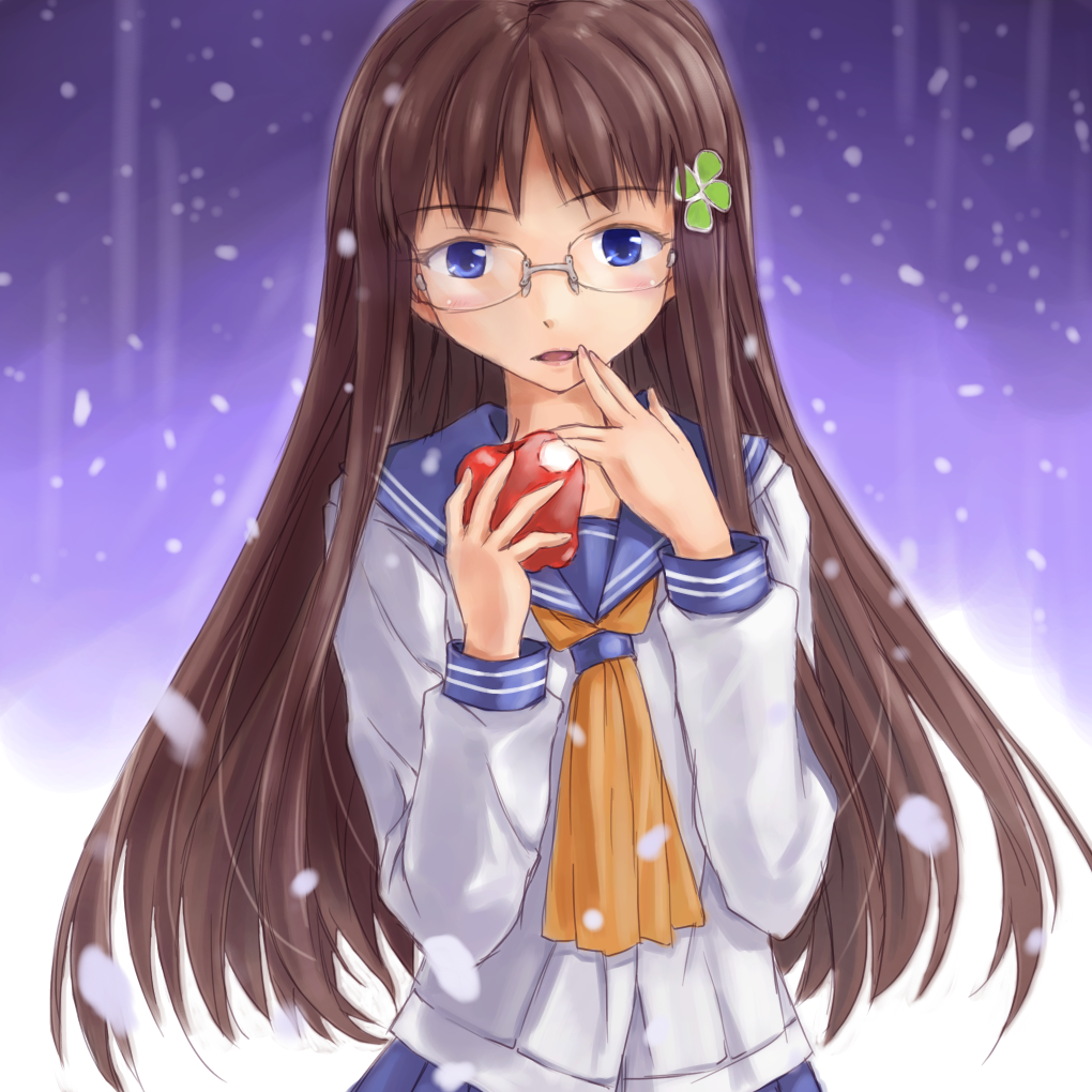 apple blue_eyes blush brown_hair clover commentary follen_(639594) food four-leaf_clover fruit glasses hair_ornament hand_on_own_face holding long_hair looking_at_viewer neckerchief open_mouth original pleated_skirt rimless_eyewear school_uniform serafuku sketch skirt snow solo standing
