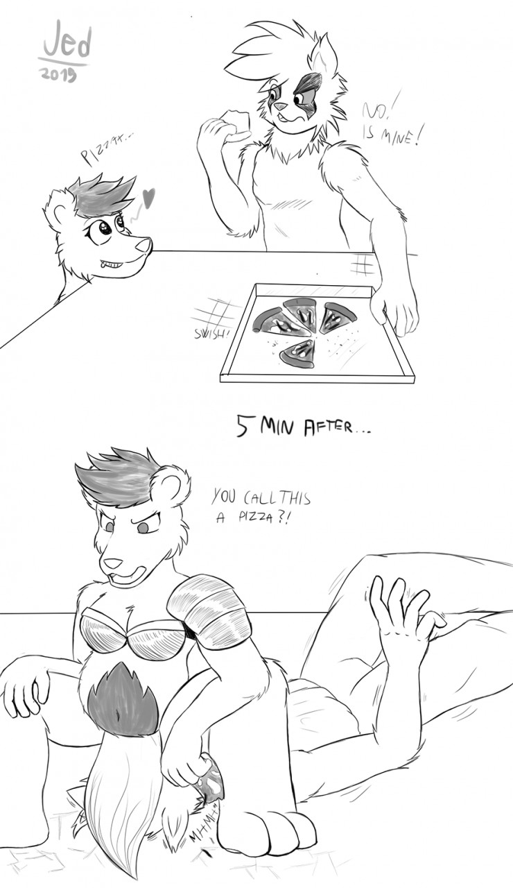 2015 amor anthro bear breasts butt clothed clothing comic digital_drawing_(artwork) eating facesitting female food herseio line_art loincloth male mammal pizza raccoon sketch text