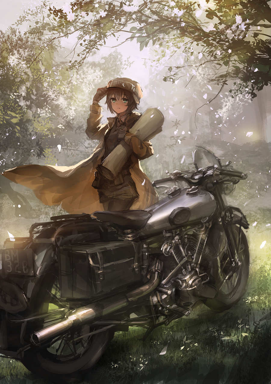adjusting_clothes adjusting_hat blush brough_superior coat fur_hat gloves glowing goggles goggles_on_head grass ground_vehicle hat hermes highres kino kino_no_tabi leaf lm7_(op-center) looking_at_viewer motor_vehicle motorcycle outdoors petals plant revision saddle scroll short_hair smile solo standing sunlight tree wind