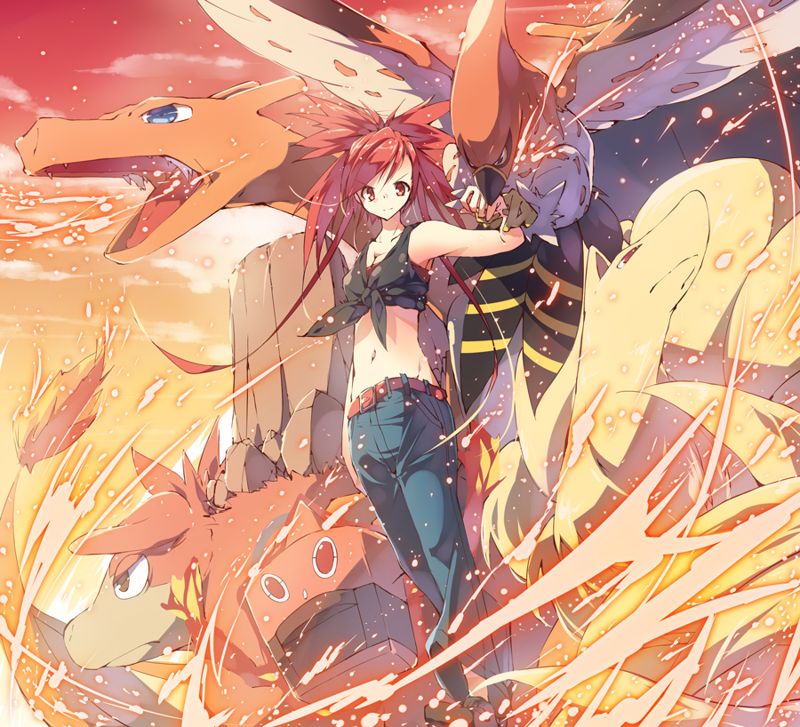 asuna_(pokemon) bad_id bad_pixiv_id breasts camerupt charizard denim gen_1_pokemon gen_3_pokemon gen_4_pokemon gen_6_pokemon gym_leader itsutsuki long_hair medium_breasts midriff navel pokemon pokemon_(creature) pokemon_(game) pokemon_oras ponytail red_eyes red_hair rotom talonflame