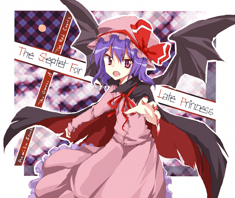 any_(lucky_denver_mint) bat_wings blue_hair cape english fang fingernails foreshortening hat long_fingernails nail_polish open_mouth outstretched_arm red_eyes red_nails remilia_scarlet short_hair solo touhou wings