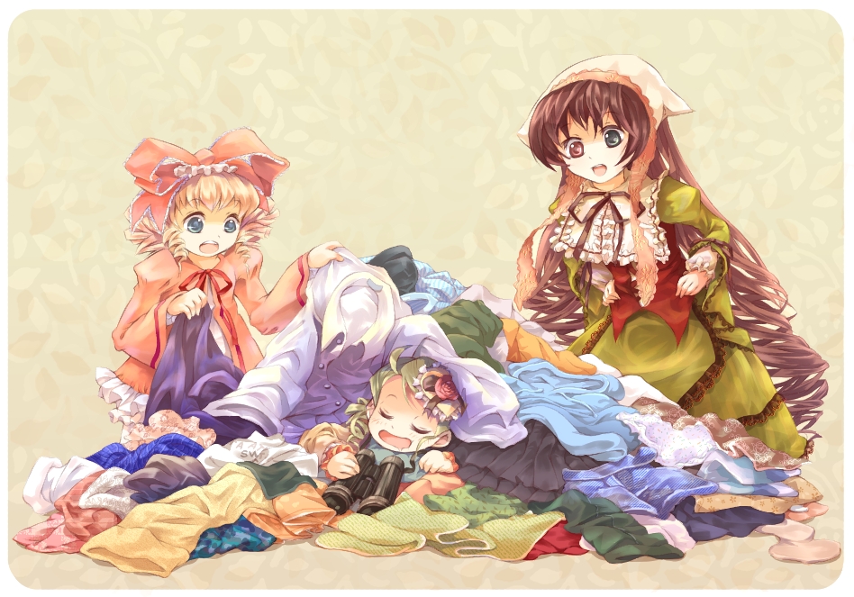 binoculars blonde_hair blue_eyes bow brown_hair dress drill_hair frills green_dress green_eyes green_hair hat heterochromia hina_ichigo holding kanaria lolita_fashion long_hair lying multiple_girls open_mouth pink_bow pink_dress red_eyes ribbon rozen_maiden suiseiseki twin_drills twintails very_long_hair yugusa_yuube