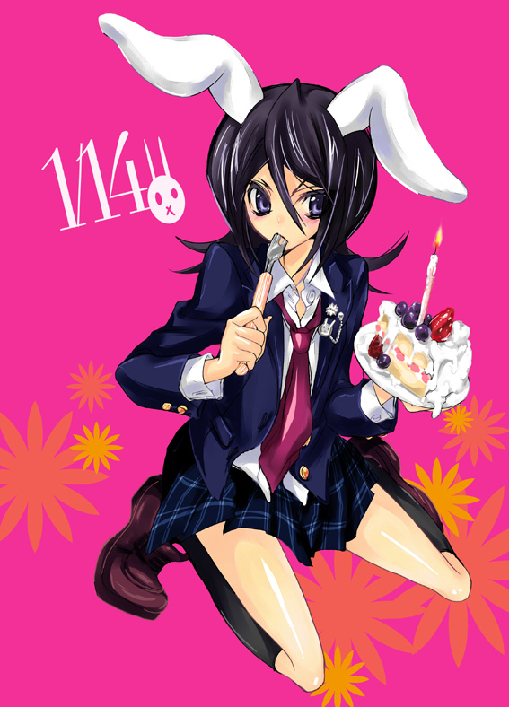 animal_ears birthday bleach bunny_ears cake food fork kuchiki_rukia pastry sanshoku_amido school_uniform skirt solo