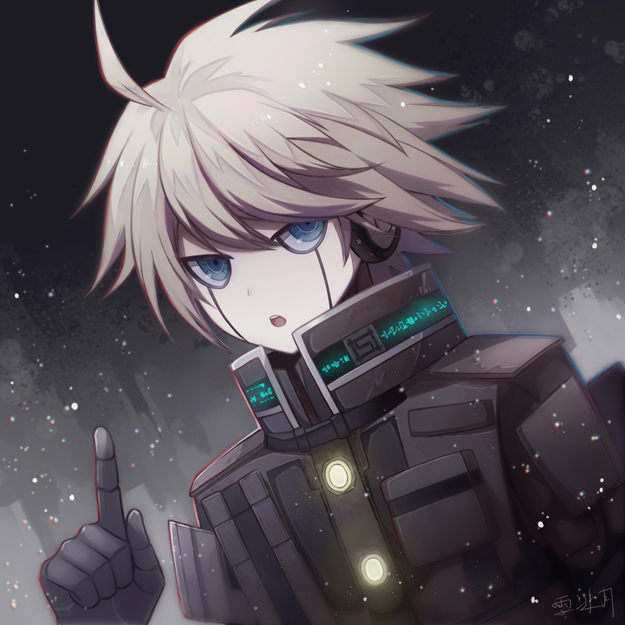 1boy :o ahoge android angel31424 armor black_armor black_gloves black_headphones blue_eyes commentary_request danganronpa dot_nose eyebrows_behind_hair face gloves hair_between_eyes headphones keebo looking_at_viewer male_focus new_danganronpa_v3 open_mouth out_of_frame pointing pointing_up power_armor short_hair silver_hair snow solo translation_request