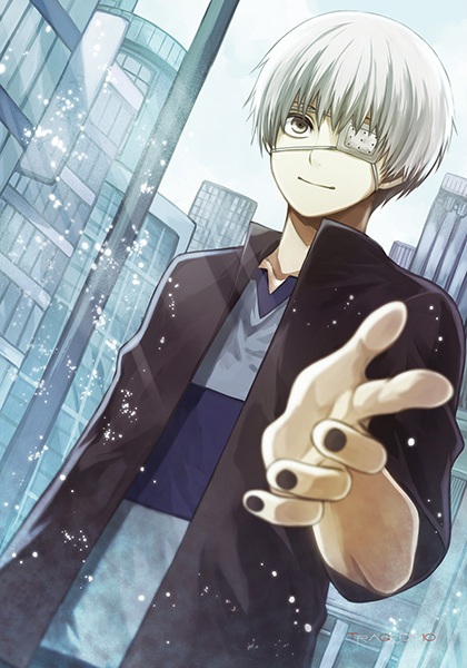 1boy angel31424 bangs black_jacket black_nails building city collarbone commentary_request day eyepatch fingernails jacket kaneki_ken looking_at_viewer male_focus multicolored_shirt nail_polish one_eye_covered open_clothes open_jacket pointing red_eyes shirt short_hair sky skyscraper smile solo tokyo_ghoul upper_body white_eyepatch white_hair