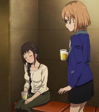 2girls alcohol animated animated_gif beer blush brown_hair drunk lowres miyamori_aoi multiple_girls segawa_misato shirobako skirt