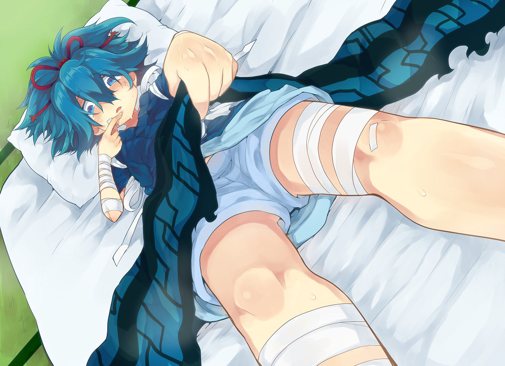 1boy bandage blue_eyes blue_hair dutch_angle from_below futon japanese_clothes lying pillow sayo_samonji shorts solo touken_ranbu