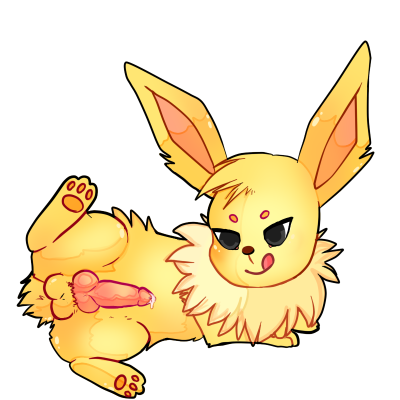 2015 animal_genitalia balls dance2forget digital_media_(artwork) eeveelution erection feral fur jolteon male mammal nintendo nude penis pok&eacute;mon precum smile solo tongue tongue_out video_games yellow_fur