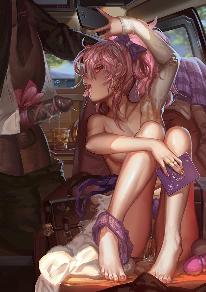 1girl arm_up bag barefoot bow cameo car car_interior cellphone censored character_doll clitoris_piercing cum cum_in_mouth cup drink drinking_glass earrings facial_mark feet formal ground_vehicle hair_bow hetero high_ponytail hoop_earrings idolmaster idolmaster_cinderella_girls jewelry jougasaki_mika jougasaki_rika keychain messy_hair mosaic_censoring motor_vehicle nail_polish necktie open_mouth panties panties_around_one_leg pants_pull penis penis_ribbon phone piercing pill pink_hair ponytail purple_panties pussy ribbon ring saber_01 satchel sitting smartphone solo_focus star suit testicles toenail_polish toes tongue tongue_out underwear yellow_eyes