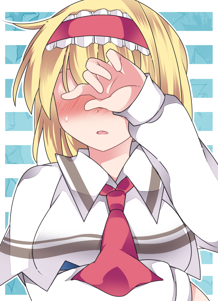 alice_margatroid ascot bad_id bad_pixiv_id blonde_hair blush capelet commentary covering_eyes hairband hammer_(sunset_beach) open_mouth short_hair solo striped striped_background touhou upper_body