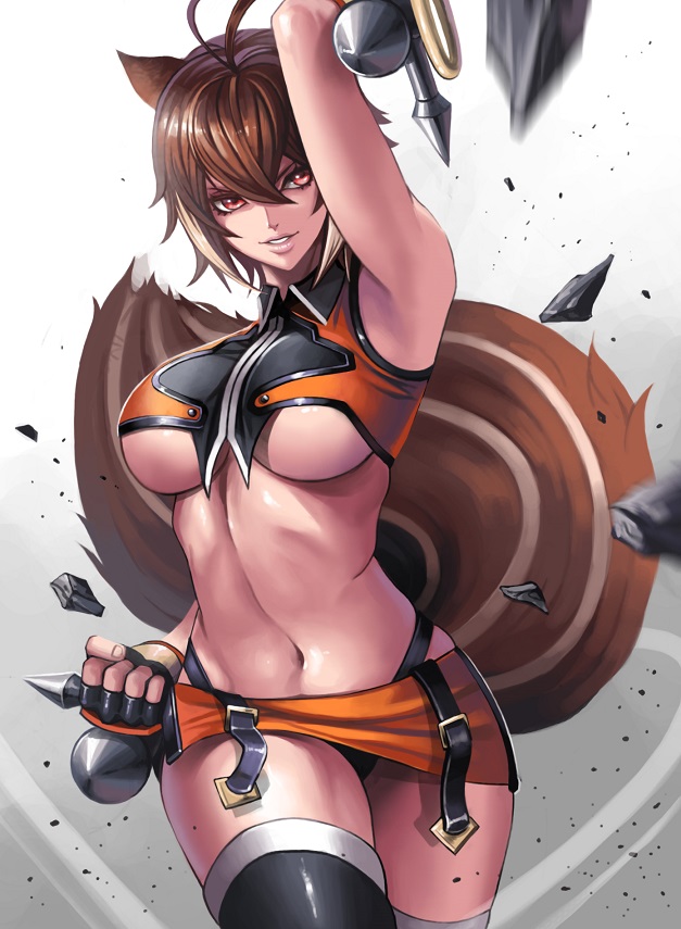 animal_ears antenna_hair armpits banned_artist black_legwear blazblue breasts brown_eyes brown_hair commentary completion_time dual_wielding fingerless_gloves gloves holding large_breasts making_of makoto_nanaya miniskirt navel orange_skirt short_hair skirt solo squirrel_ears squirrel_tail tail thighhighs tonfa underboob weapon yinan_cui
