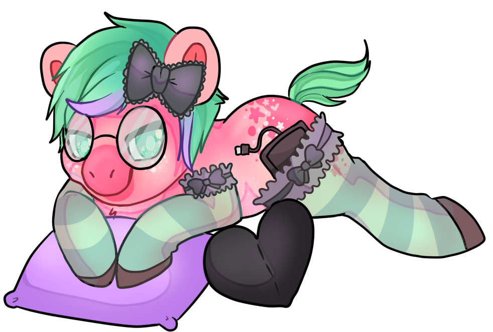 2015 bow clothing cutie_mark dance2forget digital_media_(artwork) equine eyewear female feral fur glasses green_eyes green_hair hair horn horse legwear looking_at_viewer mammal my_little_pony pillow pink_fur pony smile solo stockings