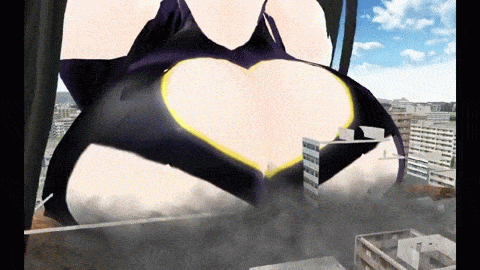 1girl 3d animated animated_gif ariane ass ass_cutout black_hair breasts butt_crack cleavage detached_sleeves giantess gigantic_breasts heart_cutout huge_ass long_hair lowres one_eye_closed purple_eyes solo twintails wink