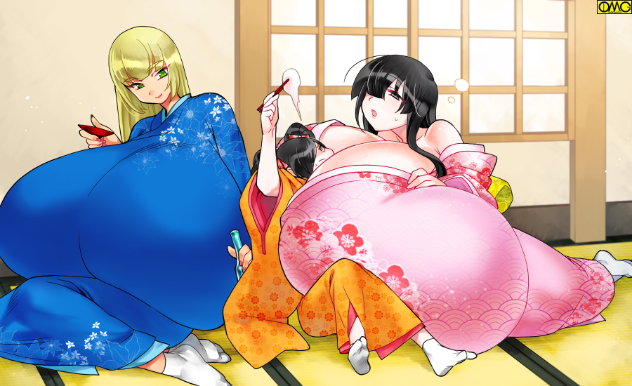 breast_smother breasts copyright_request gigantic_breasts green_eyes japanese_clothes kimono sudachi_(omc)