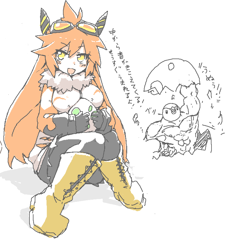 abs avian bird blush boots breasts cute egg female gijinka hair human japanese_text long_hair mammal muscles nintendo nipples open_mouth orange_hair penguin piplup plain_background pok&eacute;mon sitting talonflame text translation_request video_games what yellow_eyes 草薙芳_(artist)