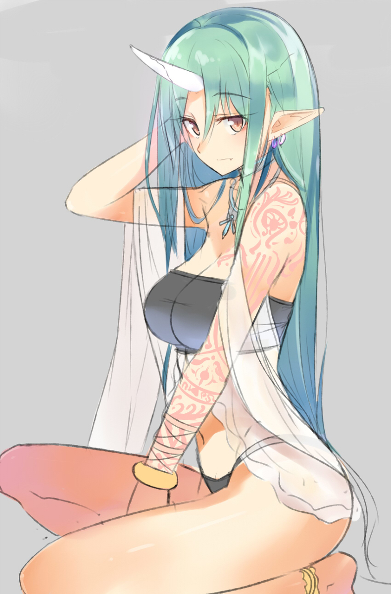 adjusting_hair breasts character_request earrings green_hair horn isshiki_(ffmania7) jewelry long_hair necklace pointy_ears source_request tattoo tubetop yellow_eyes