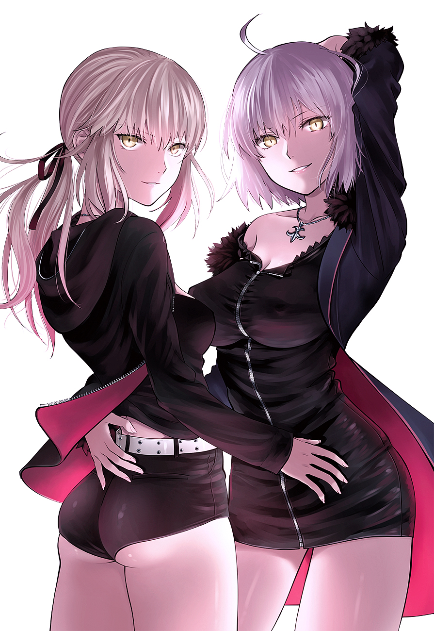 2girls ahoge arm_behind_head arm_up artoria_pendragon_(all) ass bangs bare_shoulders belt black_dress black_jacket black_ribbon black_shorts blonde_hair breasts cleavage collarbone commentary_request dress erect_nipples eyebrows_visible_through_hair fate/grand_order fate_(series) fur_trim grin happy_new_year highres holding_another hood hoodie jacket jeanne_d'arc_(alter)_(fate) jeanne_d'arc_(fate)_(all) jewelry large_breasts long_hair looking_at_viewer multiple_girls necklace new_year off_shoulder ponytail ribbon saber_alter short_dress short_hair short_shorts shorts sidelocks silver_hair smile standing sushimaro thighs white_belt yellow_eyes