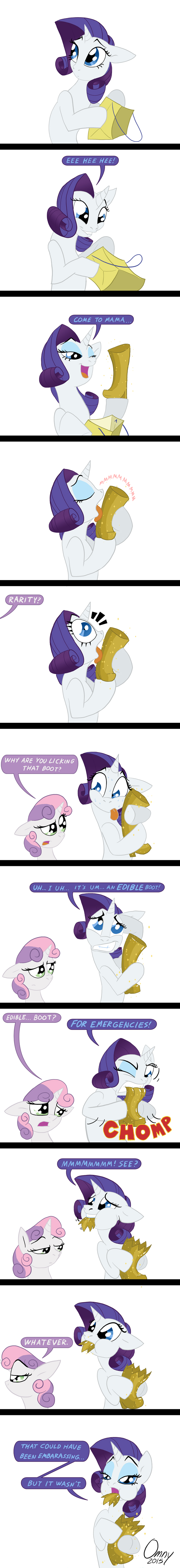2015 blue_eyes boots comic dialogue eating english_text equine female friendship_is_magic gold green_eyes hair horn licking mammal my_little_pony nervous omny87 pink_hair plain_background purple_hair rarity_(mlp) sparkles sweat sweetie_belle_(mlp) text tongue tongue_out two_tone_hair unicorn white_background