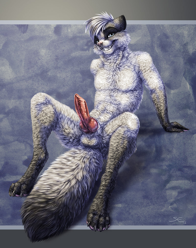2015 animal_genitalia arctic_fox balls canine canine_penis fox fur grin hair knot looking_at_viewer male mammal nude penis sabretoothed_ermine sitting solo spread_legs spreading white_fur white_hair