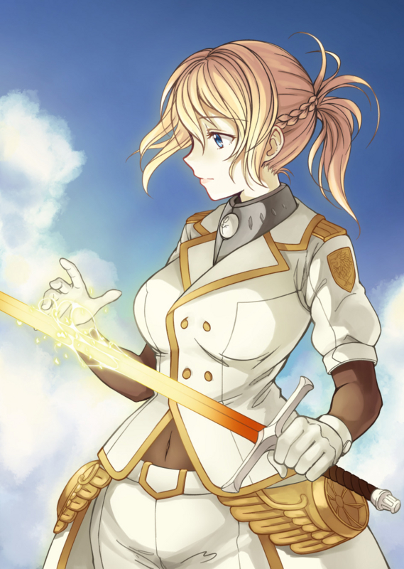 blonde_hair blue_eyes blue_sky bodystocking braid breasts character_request cloud cloud_kingdom covered_navel day french_braid gloves glowing glowing_sword glowing_weapon large_breasts lips making_of pas_(paxiti) short_ponytail sky solo sword uniform weapon white_gloves