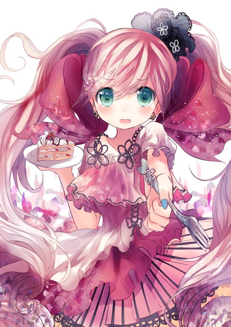 blue_nails cake collarbone fang food fork green_eyes holding holding_fork holding_plate iijima_masashi long_hair looking_at_viewer nail_polish original pink_hair plate slice_of_cake solo strawberry_shortcake twintails very_long_hair