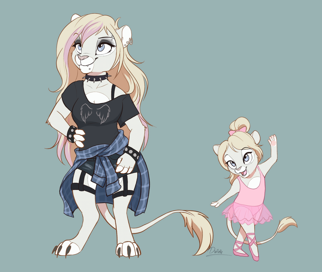 2018 anthro barefoot blonde_hair blue_eyes breasts clothed clothing cub digital_media_(artwork) duo dvixie feline female hair lion mammal simple_background smile white_lion young