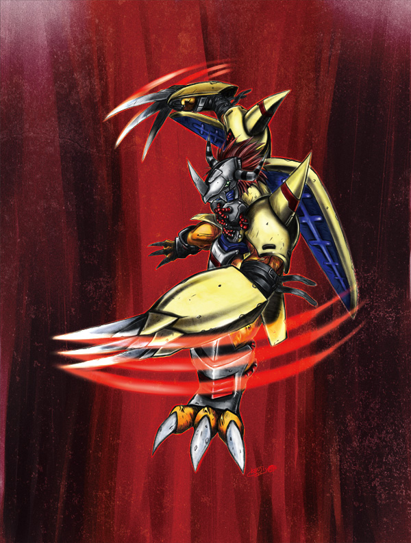 armor bandai claws d-arts digimon dragon epic helmet horns monster no_humans official_art red_hair slashing traditional_art traditional_media wargreymon weapon