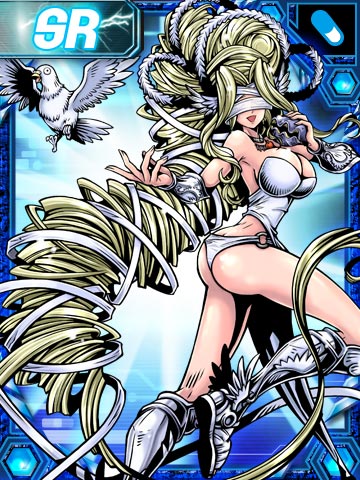 1girl absurdly_long_hair angel_wings ass bare_back bird blindfold blonde_hair breasts bridal_gauntlets butt_crack card_(medium) card_game choker curvy detached_sleeves digimon digimon_collectors female huge_ass large_breasts long_hair lowres olympos_xii panties ponytail sexy smile solo thick_thighs thighs underwear venusmon very_long_hair white_panties wings