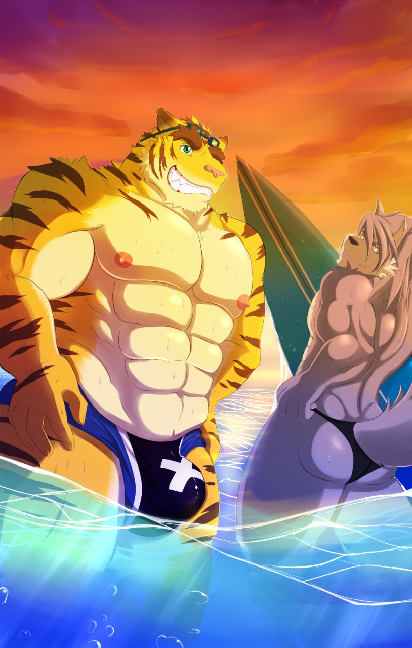 2015 5_fingers abs anthro beach biceps big_muscles black_nose blue_eyes bottomless brown_fur bulge butt canine clothed clothing colored dog duo eyewear feline front fur goggles grin half-dressed husky invalid_tag kevin13 kouya_aotsuki looking_back_at_the_viwer male male/male mammal morenatsu muscles nipples one_eye_closed pecs pink_nipples pink_nose pose sea seaside sky smile solo standing stripes sun_set surf_board surfing thong tiger toned topless torahiko_ooshima underwear water wink yellow_eyes yellow_fur