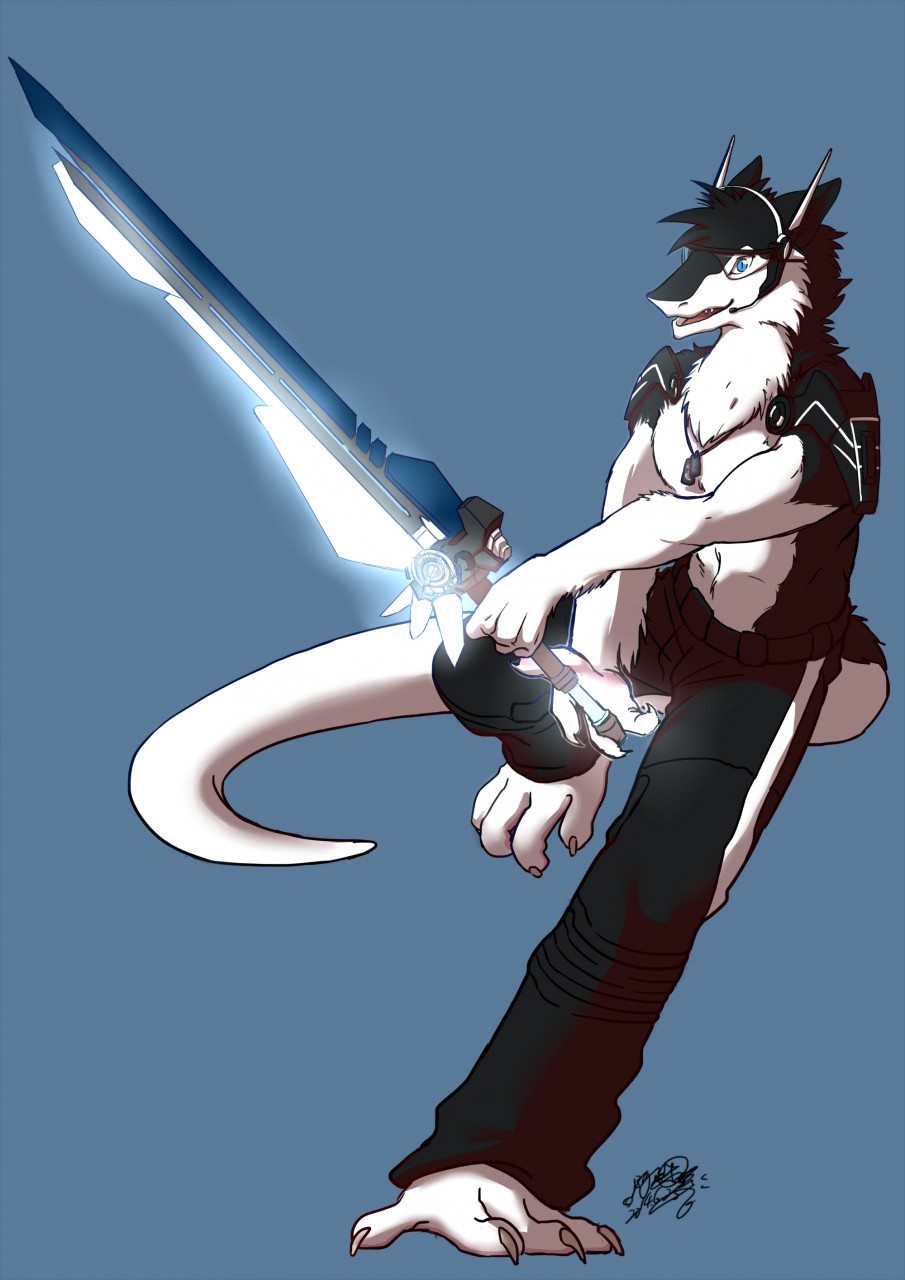 abs avimedes biceps black_fur black_hair blue_eyes claws clothing discordnight fur hair mammal muscles necklace pants pecs sergal solo standing sword toned weapon