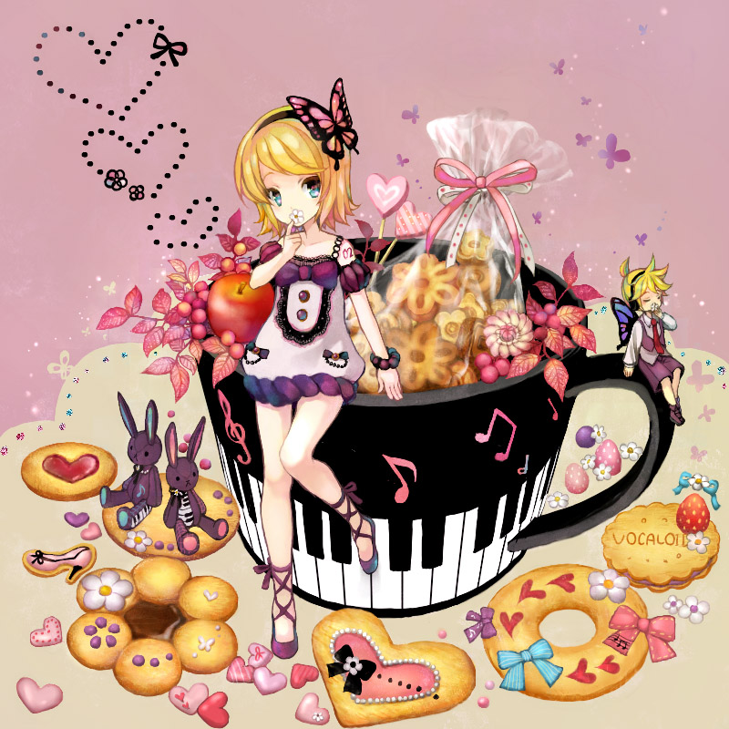 1girl ankle_lace-up anko_kinako apple bare_legs bare_shoulders beamed_eighth_notes blonde_hair blue_eyes bow brother_and_sister bug bunny butterfly butterfly_wings cookie cross-laced_footwear eighth_note food fruit half_note heart insect kagamine_len kagamine_rin miniboy musical_note piano_keys quarter_note siblings strawberry treble_clef twins vocaloid wings
