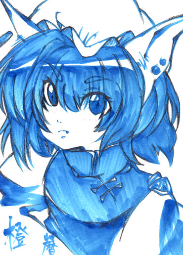 animal_ears cat_ears chen china_dress chinese_clothes dress hat koyomiuta monochrome short_hair solo touhou traditional_media