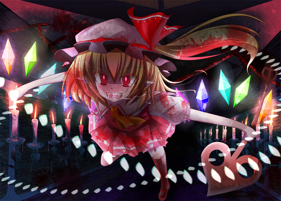 blonde_hair blood flandre_scarlet hat kanchikinps one_side_up ponytail red_eyes saliva short_hair solo touhou wings