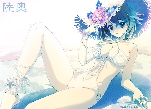 ankle_ribbon artist_name barefoot breasts carnelian character_name cleavage earrings flower hand_on_headwear hat hat_flower hibiscus jewelry kantai_collection large_breasts looking_at_viewer lying mutsu_(kantai_collection) navel o-ring o-ring_bottom o-ring_swimsuit on_back ribbon short_hair solo straw_hat swimsuit white_swimsuit