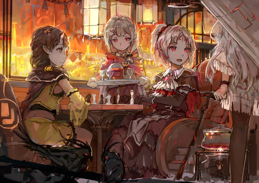 blonde_hair board_game chess cup detached_sleeves drink drinking_glass fang horns long_hair multiple_girls oni_horns open_mouth pixiv_fantasia pixiv_fantasia_t pointy_ears ponytail red_eyes short_hair silver_hair sitting smile spark_(sandro) staff tattoo tray wine_glass wristband