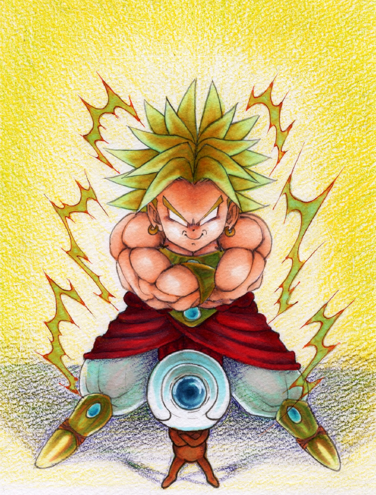 blank_eyes broly dragon_ball dragonball_z gauntlets legendary_super_saiyan male male_focus muscle smile space_craft spaceship super_saiyan traditional_art yokisaga