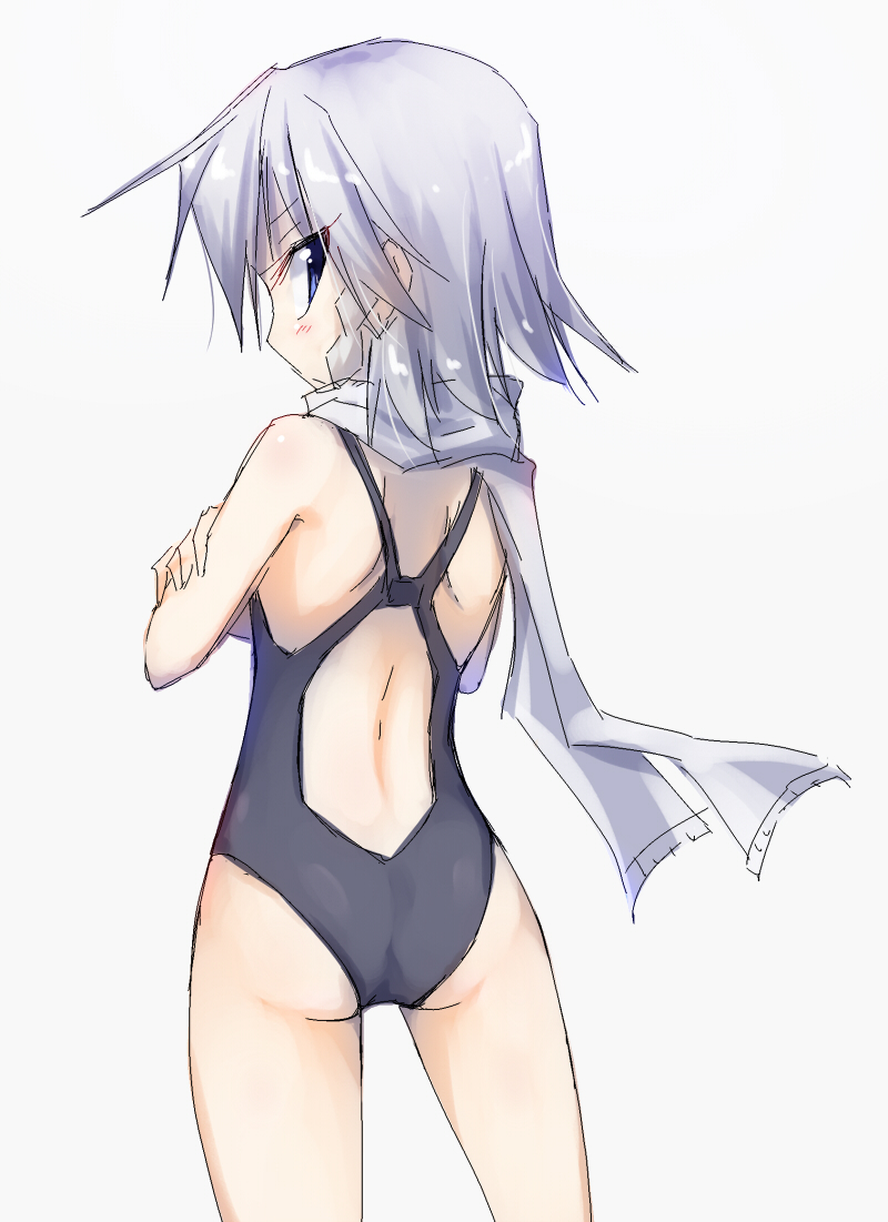 ass back black_swimsuit blue_eyes competition_swimsuit from_behind ichidai_taisa izayoi_sakuya looking_at_viewer looking_back one-piece_swimsuit scarf silver_hair solo swimsuit touhou