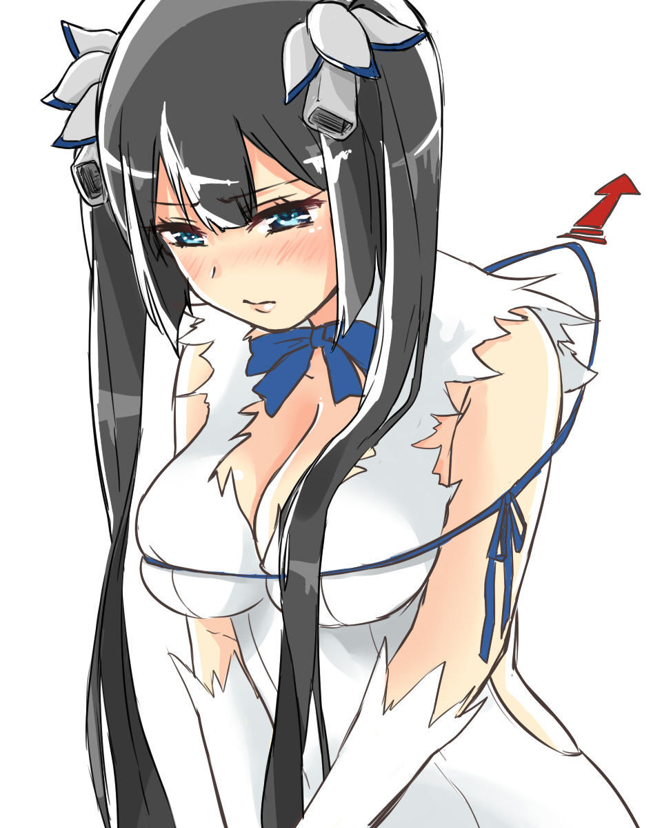 arm_ribbon bad_id bad_pixiv_id black_hair blue_eyes blue_ribbon blush bow breasts cleavage cleavage_cutout dress dungeon_ni_deai_wo_motomeru_no_wa_machigatteiru_darou_ka embarrassed hair_ornament hair_ribbon hestia_(danmachi) highres large_breasts lips long_hair looking_down pulling pulling_back rei_no_himo ribbon short_dress simple_background solo suto_(iamsuto) twintails v_arms white_background white_dress