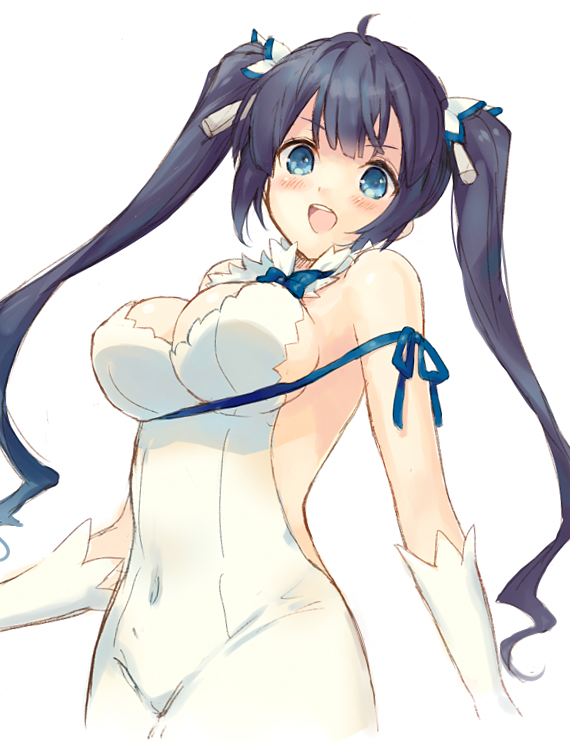 black_hair blue_eyes blue_ribbon breasts dress dungeon_ni_deai_wo_motomeru_no_wa_machigatteiru_darou_ka hestia_(danmachi) kinoko large_breasts long_hair rei_no_himo ribbon solo twintails white_dress